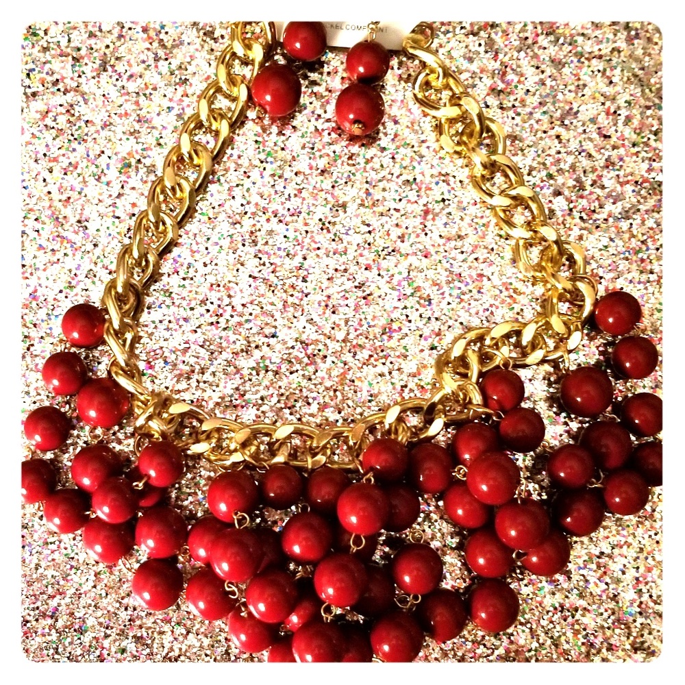 Deep Red Bauble Bib Necklace and Earrings